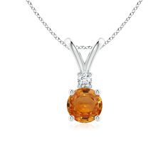 Featuring a round orange sapphire in a prong setting, this solitaire pendant captivates the senses. A shimmering diamond sits atop the gemstone and accentuates its intense hue. This pendant in platinum is designed with a V bale. Sapphire Solitaire, The Senses, Orange Sapphire, Sapphire Pendant, Solitaire Pendant, Orange Gold, Prong Setting, Gemstone Jewelry, Diamond Necklace