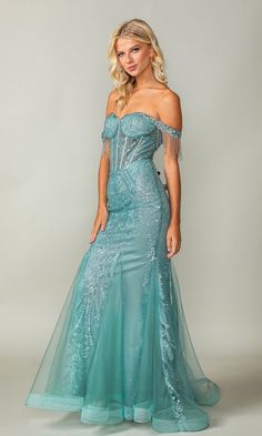 Off the shoulder fitted mermaid beaded fringe formal dress with sheer sweetheart corset bodice with lace up back Prom Dress With Fringe, Prom Dresses With Glitter, Gowns For Prom, Glitter Prom Dress, Sweetheart Corset, Printed Prom Dresses, Long Formal Dresses, Dress With Fringe, Prom Designs