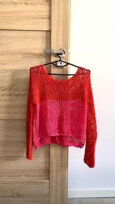 Fishnet Loose Top Pink and Red Beach Cotton Top Sloppy Knit | Etsy Poland Red Long Sleeve Casual Knit Top, Casual Red Long Sleeve Knit Top, Red Long Sleeve Knit Top For Spring, Trendy Oversized Knitted Tops, Trendy Pink Knit Top For Day Out, Oversized Red Summer Top, Cotton Knit Top With Long Sleeves For Summer, Pink Cotton Crew Neck Knit Top, Trendy Crew Neck Sweater For Beach