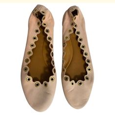 Chloe Flats In A Light Pink Leather, The Color Has Faded A Little. Gold Studs With Scallops Finish Trim. Made In Italy Size 41- Us 10 1/2- 11 Price Is Accordingly To Condition. Chloe Flats, Chloe Shoes, Flat Color, Pink Leather, Gold Studs, Flat Shoes Women, Loafer Flats, Chloe, Light Pink