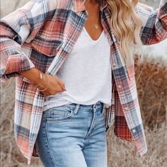 Soft Woven Brushed Textured Plaid. Beautiful Muted Pink, Blue, Yellow And White. Front Chest Pockets, Tortoise Buttons, And Cuffs. Fits True To Size Grey Plaid, Turndown Collar, Brown Plaid, Shoulder Shirts, Pink Plaid, Plaid Print, Wool Plaid, Flap Pocket, Outerwear Jackets