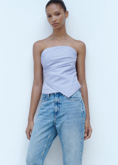 Striped strapless top - Woman | MANGO USA Top Bustier, Bandeau Tops, Jean Large, Jeans Mom, Knitted Tops, Asymmetrical Design, Party Tops, Bandeau Top, Basic Tops