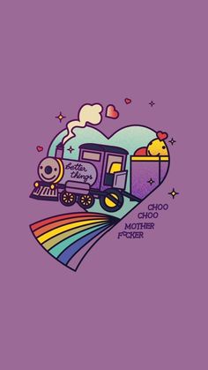 an image of a train with rainbows and clouds in the shape of a heart