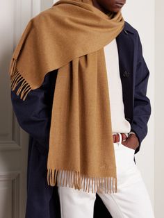 Loro Piana's fringed scarf has been crafted in Italy from the label's prized cashmere, so it feels exceptionally soft and plush. It comes in a rich shade of 'Tuscan Gold' and is embroidered with a signature crest as a marker of quality. Mens Cashmere Scarf, Scarf For Men, Brown Accessories, Orange Scarf, Embroidered Scarf, A Signature, Fringe Scarf, Scarf Men, Loungewear Shorts