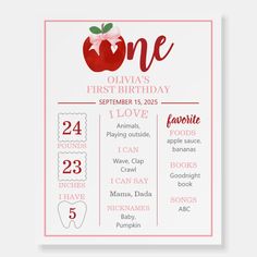 an apple first birthday party poster with the date and numbers for each child's first birthday