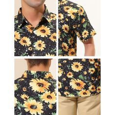 The summer beach shirt features a floral printed, fashionable. Made of soft and breathable fabric, it gives you a comfortable experience in summer. Match the sunflower shirt with casual pants or board shorts for a summer Hawaiian casual look. Suitable for summer daily wear, beach, pool, party, club, festival, etc. Available in multiple colors, it is a wardrobe necessity for summer. Beach Pool Party, Floral Hawaiian Shirt, Sunflower Shirt, Animal Print Shirts, Sleeve Packaging, Beach Shirt, Sunflower Print, Beach Shirts, Beach Pool