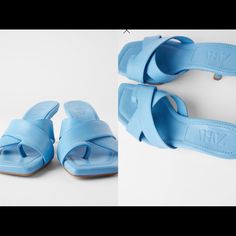 Brand New With Tags 100% Real Leather Zara Leather, Leather Heels Sandals, Blue Sandals, Zara Shoes, Pool Slides, Heeled Sandals, Leather Heels, Real Leather, Sandals Heels