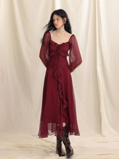 Composition : Polyester 100%Color : Burgundy Red Country of Origin : CHINA Wine Bridesmaid Dresses, Braidsmaid Dresses, Ruffle Long Dress, Red Dress Sleeves, Whimsical Dress, Red Long Sleeve Dress, People Reference, Long Red Dress, Fantasy Life