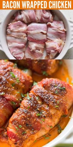 bacon wrapped chicken recipe in a white bowl