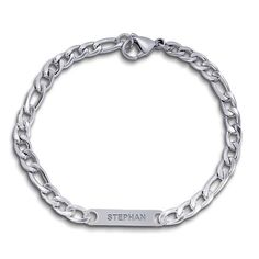 * Personalize with 1 name * Quality constructed of sterling silver * Comes with 8 figaro chain * Weighs 8 grams * Each plate measures 7/8 wide * Made in the USA  The Personalized Men's Figaro Name ID Bracelet is the perfect accessory for him. You can customize with up to 3 names. Silver Personalized Bracelets For Father's Day, Customizable Silver Bracelet, Modern Customizable Silver Name Bracelet, Classic Silver Chain Bracelet With Engraving Option, Engraved Silver Chain Bracelet For Father's Day, Silver Engraved Chain Bracelet For Father's Day, Silver Nameplate Chain Bracelet, Figaro Chains, Figaro Chain