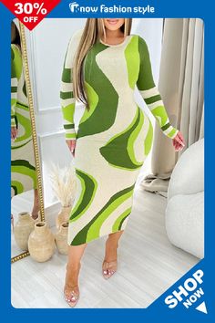 Casual Print Basic O Neck Long Sleeve Dresses Trendy Long Sleeve Midi Dress For Day Out, Trendy Long Sleeve Bodycon Midi Dress, Trendy Long Sleeve Midi Dress For Summer, Trendy Green Knee-length Midi Dress, Green Midi Dress For Fall, Trendy Green Spring Dresses, Trendy Green Winter Dress, Trendy Green Fall Dress, Trendy Multicolor Dresses For Fall