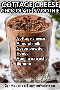 a chocolate smoothie with text that says cottage cheese and chocolate smoothies on it