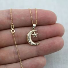 This Gorgeous Piece Is Made Of Solid 10kt Yellow Gold And Has Shimmering Diamond Cut Accents. Measures 3/4"L X 1/2"W This Listing Is For Pendant Only, I Have A Listing For The Entire Set Including The Chain On My Page As Well! Moon And Star Pendant, Moon Star Pendant, Ethereal Jewelry, Beaded Boho Necklace, Crescent Moon And Star, Gold Moon Necklace, Handmade Pendant Necklace, Star Necklace Gold, Silver Necklace Set