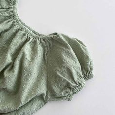 Adorable linen top with a bubble sleeve, high rounded neckline, and gathered detail. Elasticated waist and arms. Bubble Sleeve, Linen Top, Green