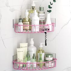 two pink shelves filled with personal care products