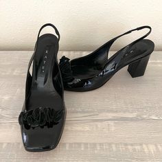 Never Been Worn. 3 Inch Heel. Gorgeous Black Sling Back, Closed Toed Shoe With A Lovely Black Frill Detainling On The Toe. Us Size 9 Casual Evening Slingback Pumps With Block Heel, Spring Black Patent Leather Slingback Pumps, Black Patent Leather Slingback Pumps For Spring, Black Slingback Pumps For Spring Formal, Closed Toed Shoes, Cute Heels, 3 Inch Heels, Sling Back, Shoes Women Heels