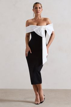 You Wish Black Bodycon Bandeau Midi Dress With Oversized White Bow – Club L London - USA Matching Black And White Party Dresses, Black And White Dress Off The Shoulder, White And Black Birthday Dress, Graduation Dress University Classy White, Dinner Dress Classy Midi, Formal Dresses For Graduation, Black Dress With White Bow, Black And White Dress Outfit Formal, Black Graduation Outfit