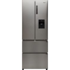 a silver refrigerator freezer sitting on top of a white wall