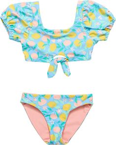 Snapper Rock Kids' Lemon Drops Puff Sleeve Knot Front Two-Piece Swimsuit | Nordstrom Playful Swimwear For Spring Beach Party, Playful Spring Swimwear For Vacation, Playful Swimwear With Upf 50+ For Spring, Playful Swimwear With Upf 50+, Playful Swimwear For Spring Vacation, Cute Swimwear With Upf 50+ For Beach, Cute Upf 50+ Swimwear For Beach, Playful Upf 50+ Swimwear For Spring, Cute Swimwear For Sunbathing