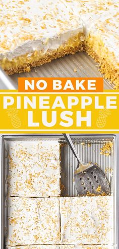 no bake pineapple lush dessert recipe on a baking sheet with a spatula