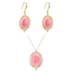 Princess Oval Pink Queen Conch Shell Pearls Earrings l Necklacel Set Get ready to glam up with these gorgeous Natural Pink Queen Conch Shell. Crafted by House of Pearls with Gold Vermeil, these earrings will add instant style and shine to any outfit. From special occasions to everyday wear, you'll be sure to make a style statement. The natural crystal and mother of pearls combo is sure to stand out and add an elegant touch of color. Get ready to stand out in the crowd! Material: Gold Vermeil on Pink Oval Pendant Jewelry For Wedding, Pink Oval Pendant Jewelry For Formal Occasions, Pink Oval Pendant For Formal Occasions, Elegant Pink Cabochon Necklace, Elegant Oval Cabochon For Jewelry Making, Pink Cabochon Jewelry For Formal Occasions, Fine Jewelry Pink Cabochon, Elegant Jewelry With Matching Earrings And Oval Pendant, Oval Pendant Jewelry Set As Gift