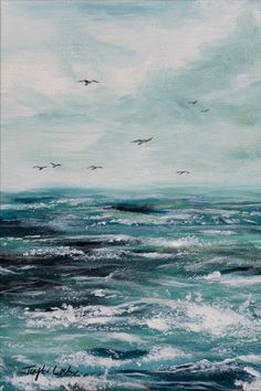 a painting of birds flying over the ocean