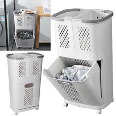 the laundry sorter is next to a washing machine