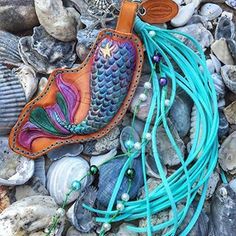 an assortment of seashells and shells are on the ground with a leather case