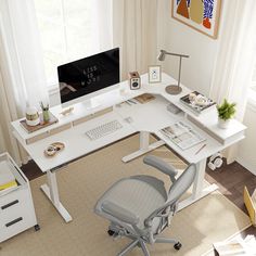 an office desk with a computer and chair in front of the monitor on top of it