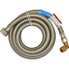 a silver hose with blue handles and nozzles on the end is attached to a white background