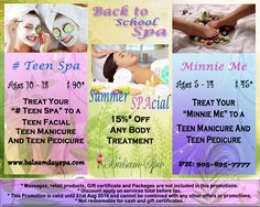 an advertisement for the back to school spa with pictures of woman's face and body