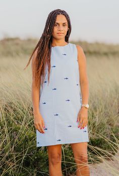 The perfect vacation dress! Turquoise and white striped seersucker with navy embroidered sharks. Hook closure. This dress is unlined and perfect for the beach or the pool over your suit! If you are in-between sizing or for a looser fit please size up. XSmall 0-2, Small 2-4, M/ 4-6 Large 8-10, XLarge 12-14 Free returns or exchanges accepted within 30 days. Shark Dress, Preppy Kids, Nantucket Island, Vacation Dress, Womens Shift Dresses, Vacation Dresses, Matching Family Outfits, Ocean Beach, Sharks