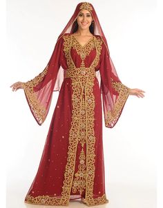 Muslim Maroon Georgette Hand Zari Embroidery Bridal Kaftan Takchita, Golden, Georgette, Handmade, Maroon, Maroon, Kaftans, XS, S, M, L, XL, 2XL, 3XL, 4XL, 5XL, 6XL, 7XL:Arabic Attire Red Long Kaftan With Dabka Detailing, Red Floor-length Kaftan With Zari Work, Red Zari Work Kaftan For Eid, Red Dabka Embroidered Maxi Kaftan, Red Embroidered Long Sleeve Kaftan, Arab Dresses, Middle Eastern Clothing, Arabic Clothing, Moroccan Kaftan