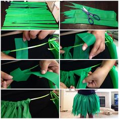 the steps to make a skirt out of green tissue paper and some scissors on it