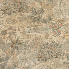 A beautiful landscape design inspired by historial Indian artworks with trees and figures in Indian costume. Shown here in the woodsmoke neutral colourway. Wide width product with a long pattern repeat of 91.50cm or 36 inches. Search  horse dog David Hicks, Indian Artwork, Toile Wallpaper, Gp&j Baker, Style Wallpaper, 4 Wallpaper, Small Lake, Botanical Wallpaper, Wallpaper Direct