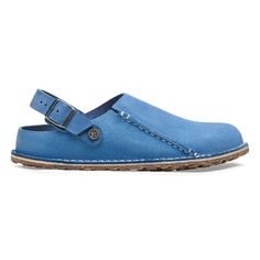 Lutry Premium Suede Suede Leather Blue Leather Casual Clogs, Casual Blue Leather Clogs, Blue Leather Clogs With Leather Footbed, Comfortable Blue Leather Clogs, Casual Blue Mules With Leather Footbed, Modern Blue Slip-on Mules, Blue Leather Sandals For Outdoor, Elemental Blue, Natural Print