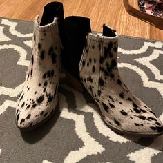 Never Worn. Got For A Bachelorette Party But Didn’t Wear. White Calf Hair Boots For Fall, Black Calf Hair Boots For Fall, Chic Calf Hair Boots With Round Toe, Brown Fur Boots, Cowhide Boots, Mountain Fashion, Leopard Print Boots, Asics Running Shoes, Chelsea Ankle Boots