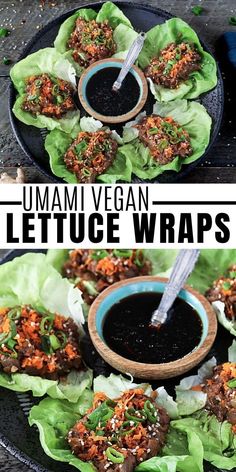 lettuce wraps with black dipping sauce on top and in the background, there is an image of lettuce wrap