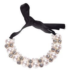 Looking for ladylike classics with a modern twist? Get this ultra-sophisticated Pearl Rhinestone Necklace with Satin Band. Add a vintage flavor with this pearl necklace/choker and make any outfit instantly cooler. Would look lovely on you at weddings, holidays and parties. - Lead/Nickel compliant Adjustable Pearl Necklace For Party, Classic Pearl Embellished Necklaces For Party, Classic Pearl-embellished Necklace For Parties, Party Pearl Necklace With Pearl Pendant, Pearl White Choker With Pearl Charm For Party, Party Pearl White Necklace With Pearl Charm, Classic Pearl Necklace With Pearl Chain For Parties, Pearl White Necklace With Pearl Charm For Parties, Classic Pearl Necklace For Party