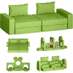 a set of green couches and chairs with pictures on the back, side, and top