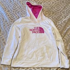 White North Face Sweatshirt With Hot Pink Lettering And Hood. Never Worn. Size Large White Crew Neck Outerwear For Spring, White Crew Neck Top By The North Face, White Sporty Outerwear By The North Face, Sporty White The North Face Outerwear, Sporty White The North Face Tops, The North Face White Casual Tops, Sporty White Tops From The North Face, Sporty White Tops By The North Face, Pink North Face