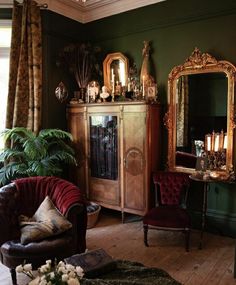 a living room filled with furniture and a mirror