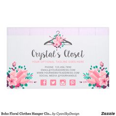 a business card for crystal's closet with flowers on the front and bottom corner