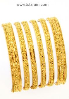 22K Gold Bangles - Set of 6 (3 Pair) - 235-GBL937 in 86.200 Grams 22 Karat Gold Jewelry, 22k Gold Bangles, Indian Gold Jewelry, Gold Bangles Indian, Gold Bangles For Women, Gold Bangle Set, Bangles Set, Real Gold Jewelry, Gold Jewelry Stores