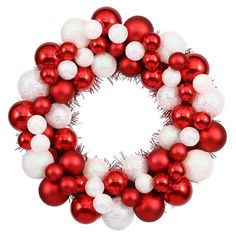 a red and white christmas ornament wreath with ornaments around it on a white background