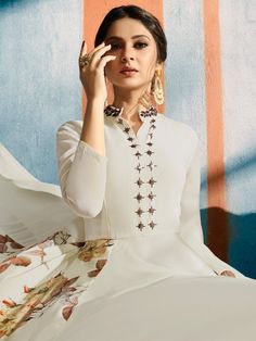 Cream thread embroidered dress online which is crafted from georgette fabric. Plait Styles, Anarkali Tops, Jennifer Winget Beyhadh, Eid Festival, Latest Salwar Suits, Style Kurti, Embroidered Anarkali, Festival Shop, Beautiful Suit