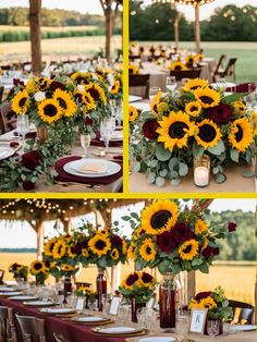 sunflowers and greenery are arranged in vases on the tables at this wedding reception