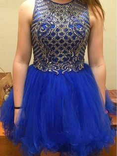 C| Bridelily A-Line Tulle Scoop Sleeveless Short/Mini With Beading Prom Dresses - Prom Dresses Short Mini Dresses, Tulle Mini Skirt, Homecoming Dresses For Teens, Sparkly Shorts, Mini Homecoming Dresses, Dresses For, Tulle Homecoming Dress, Dress Tulle, Blue Tulle