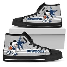 Introducing our exclusive Dallas Cowboys High Top Shoes Custom Mickey For Fans! Show off your team pride with these stylish and unique shoes that combine the iconic Dallas Cowboys logo with the beloved Mickey Mouse design. These high-top shoes are carefully crafted with premium materials to ensure durability and comfort. The vibrant colors and bold graphics make them a standout choice for any Cowboys fan. Whether you’re heading to a game or simply running errands, these shoes will make a s Sneakers High Top, Dallas Cowboys Football, Cowboys Football, Shoes Custom, Mens High Tops, Black High Tops, Football Design, Soft Textiles, Custom Sneakers