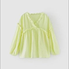 This Is From The Girls Section (11-12yr) But It Fits Like An Xs From The Womens Since Its Oversized! New With Tags! Yellow Ruffled Long Sleeve Tops, Oversized Green Zara Top, Cute Zara Blouse For Spring, Oversized Long Sleeve Blouse With Ruffles, Cute Zara Long Sleeve Blouse, Cute Long Sleeve Zara Blouse, Green Ruffled Zara Top, Oversized Ruffled Cotton Tops, Oversized Cotton Ruffled Tops